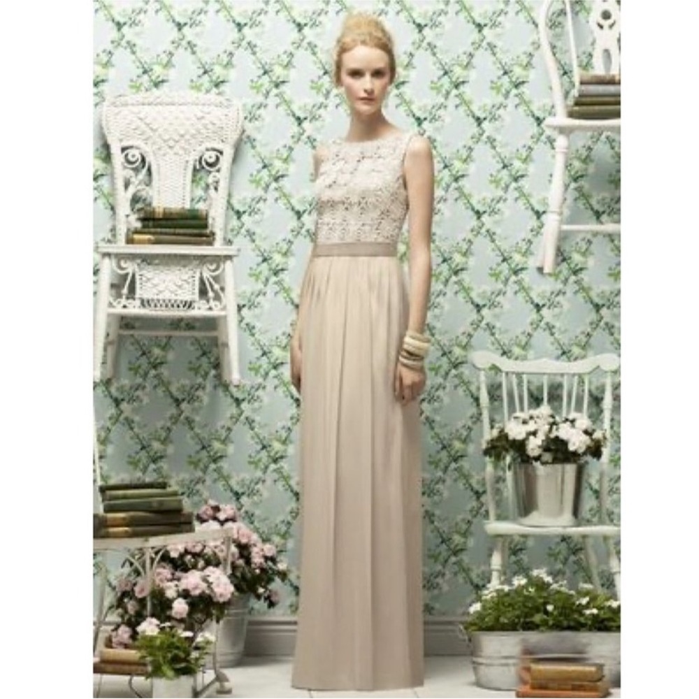 Lela Rose gown. Taupe color. Crotched top and chiffon bottom. Size 0